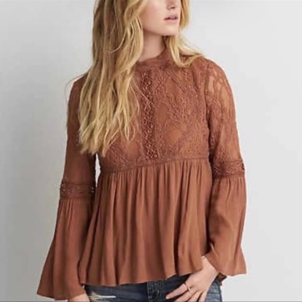 American Eagle Boho Crochet/Lace Peplum Blouse Sz S Brown‎ Whimsigoth Fairy Core